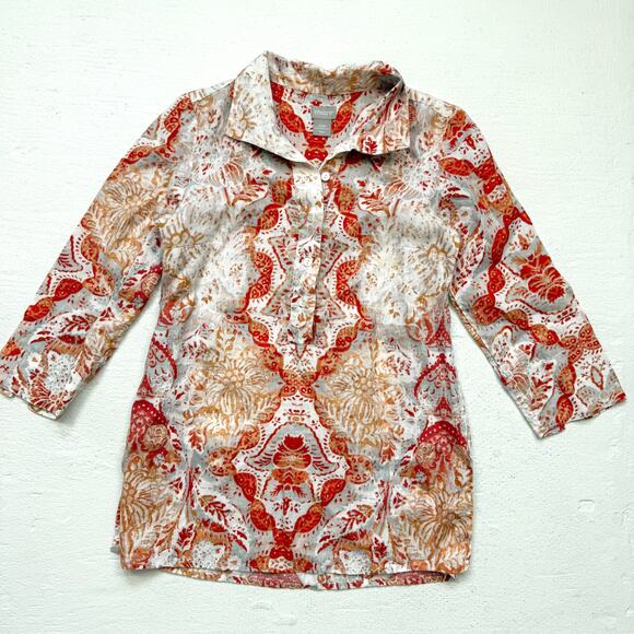 Chico’s 100% Linen Collared Tunic Top Floral Print 3/4 Sleeve Size 0/2P - Picture 1 of 7